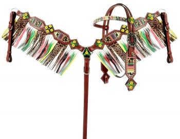 Showman Cheetah&#47; Serape print browband headstall and fringe breast collar set